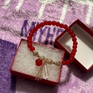 Elegant Red Beaded Bracelet with Gold Accents and red gift box